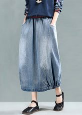 Hellblauer Patchwork-Jeansrock aus Baumwolle mit elastischer Taille